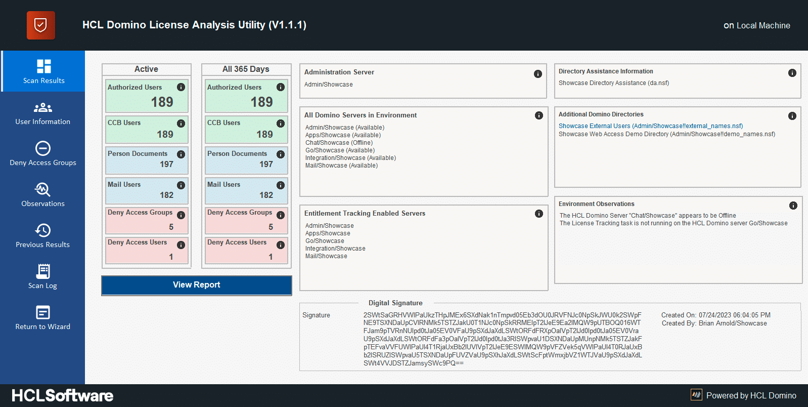 An example screen shot of the HCL DLAU tool